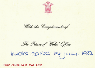 A compliment slip from the Prince of Wales, 1983