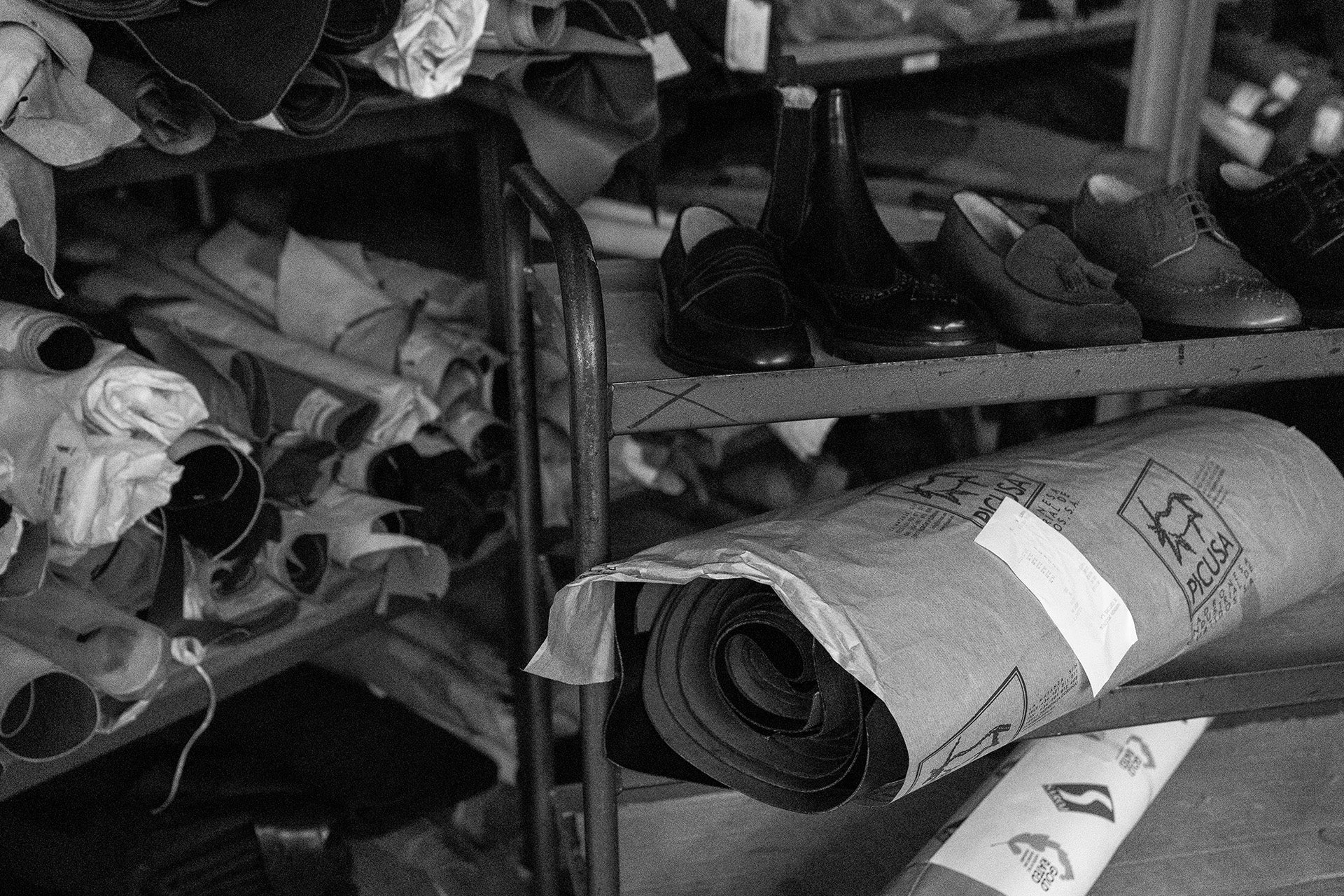 Leather on shelves and trolleys before being worked on