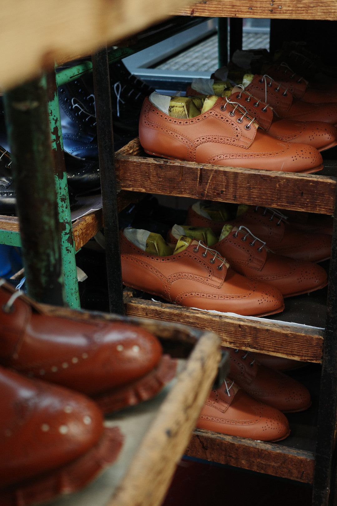 Shoes on the last in a factory
